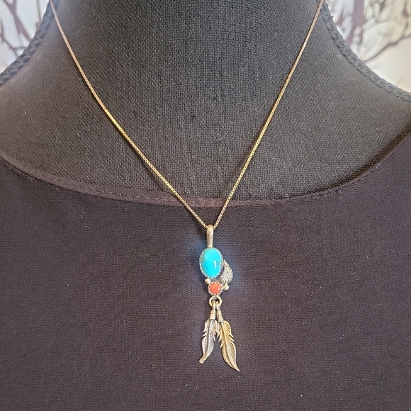 Turquoise and Coral Feather Pendant Necklace - Picture 1 of 4